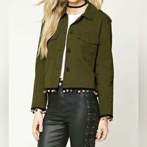 Cropped Shirt Jacket With Pom Pom Trim